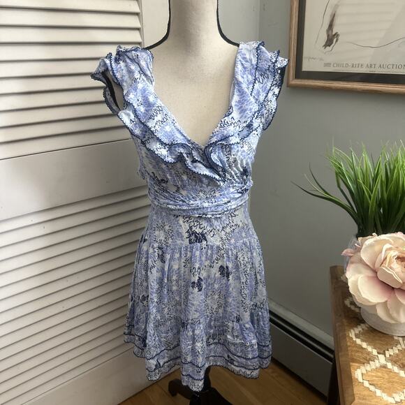 POUPETTE ST BARTH Dress XS Blue Floral Mini Della Ruffle Feminine Romantic Party - Picture 1 of 10
